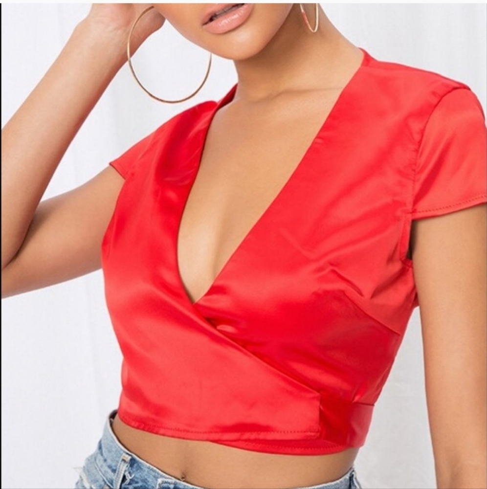 Superdown Thalia Satin Red Wrap Crop Top